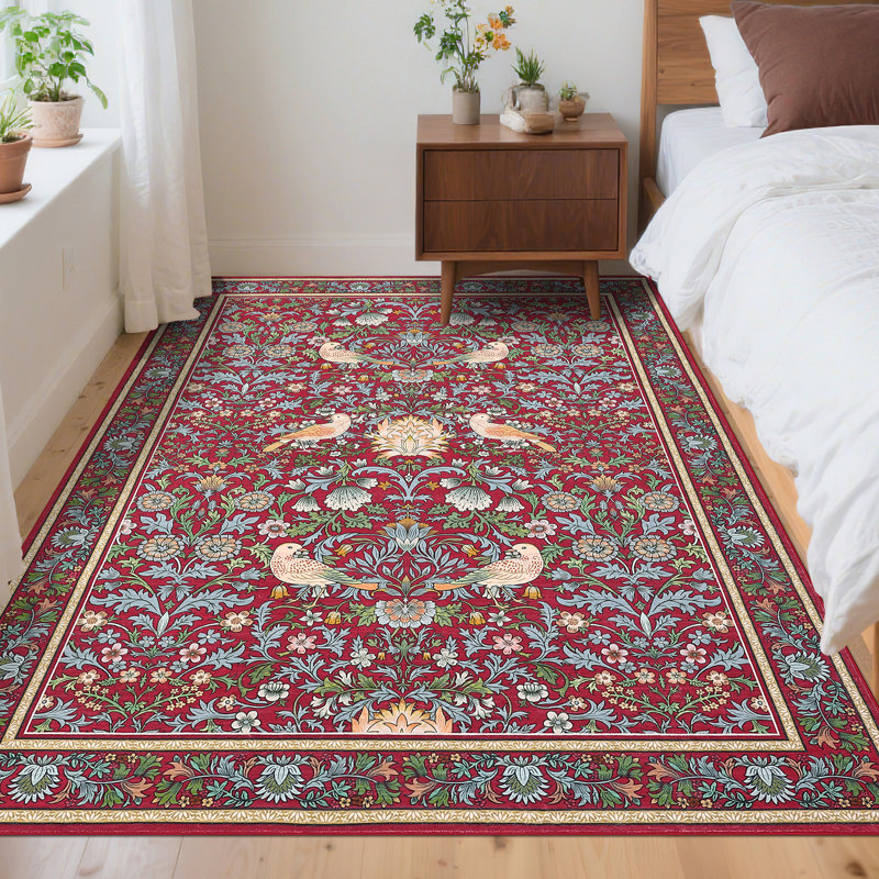  Washable Rugs for Living Room, Non Slip Floral Area Rugs, Low Pile Stain Resistant Botanical Bird Soft Carpet, Foldable Indoor Floor Mats for Bedroom, Nursery, Dining Room
