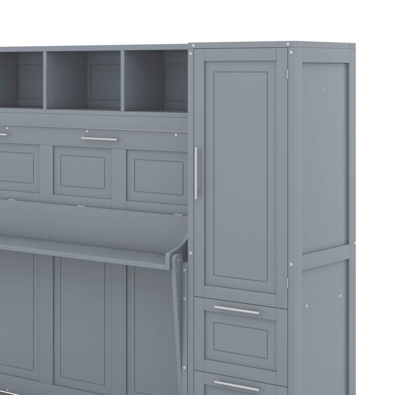 Lit escamotable double avec tiroirs et garde-robe, Gris