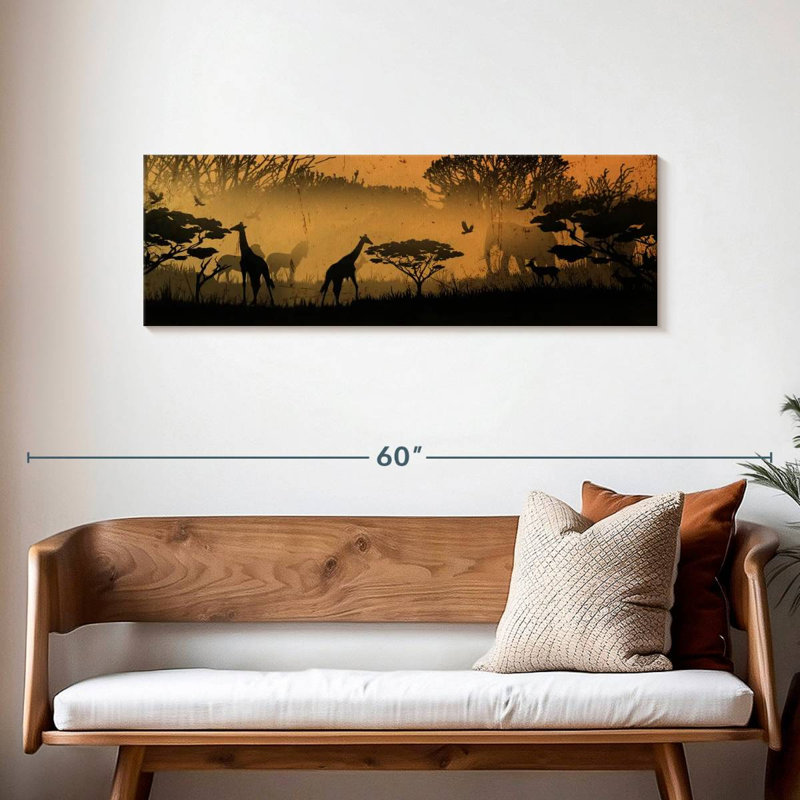 Silhouette d'animaux d'Afrique sur toile, H 15 po x l 45 po x P 1,25 po