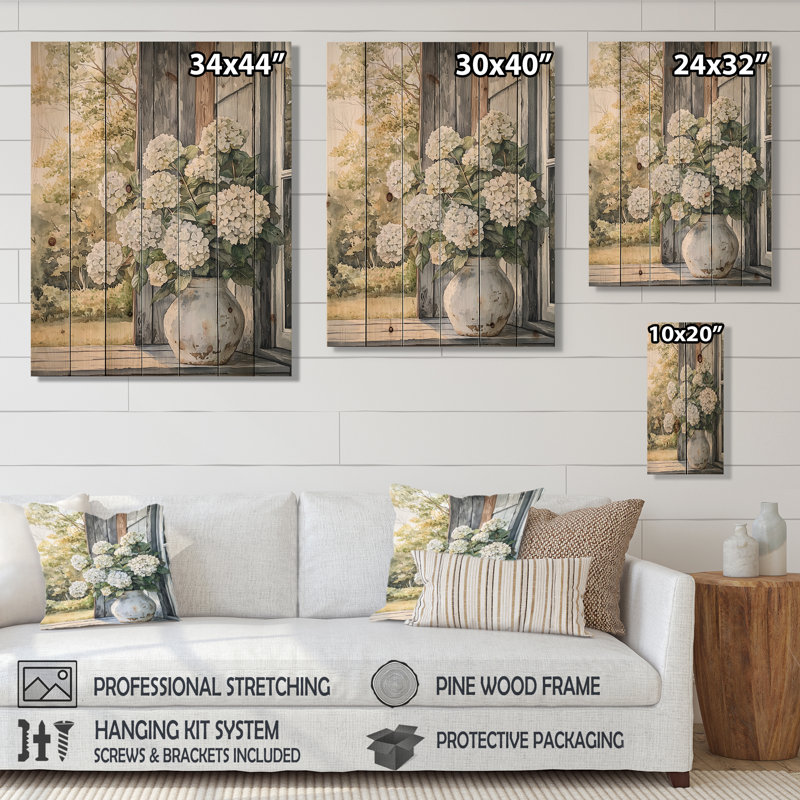 Pot d'hortensias champêtre dans la brise d'été - décoration murale en bois d'hortensias - sur bois de pin naturel