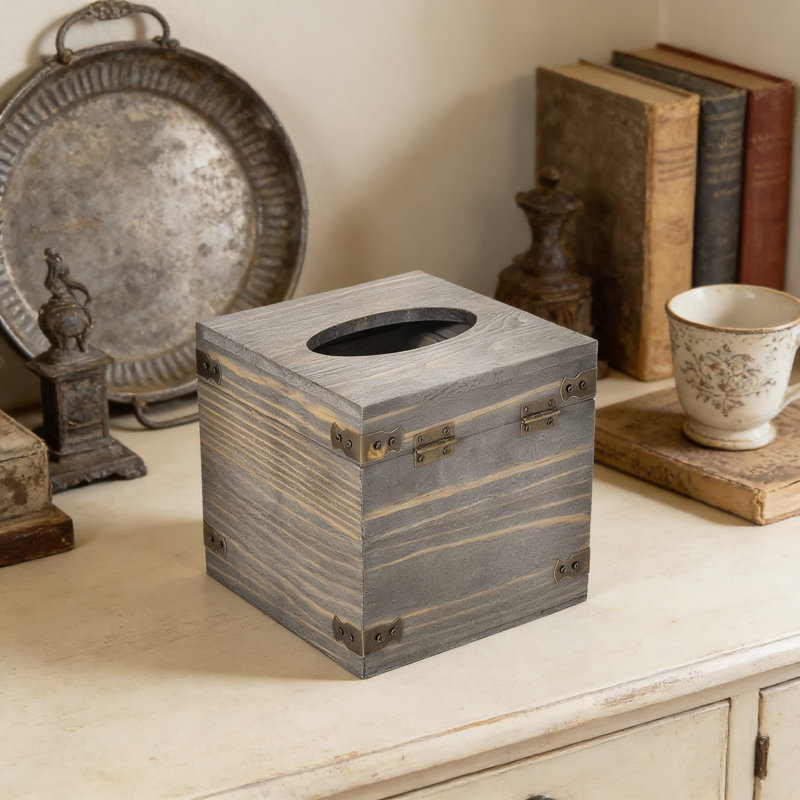 Boîte à mouchoirs rustique en bois avec couvercle à charnières et supports en coin en métal