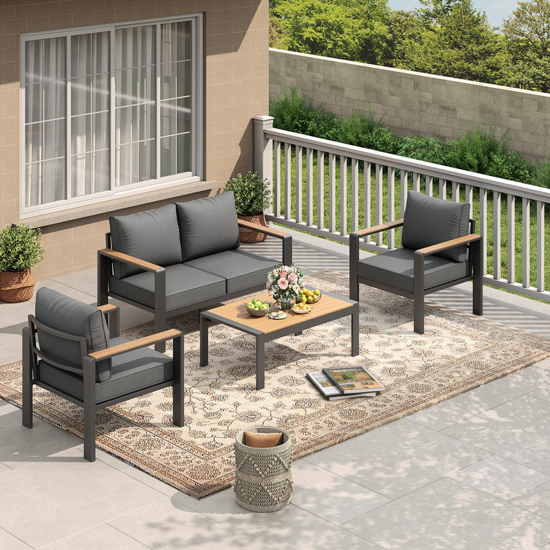 Ensemble modulaire de patio en aluminium 4 pièces avec coussins épais et table basse - Ensemble de conversation extérieur pour porche, balcon, terrasse ou cour
