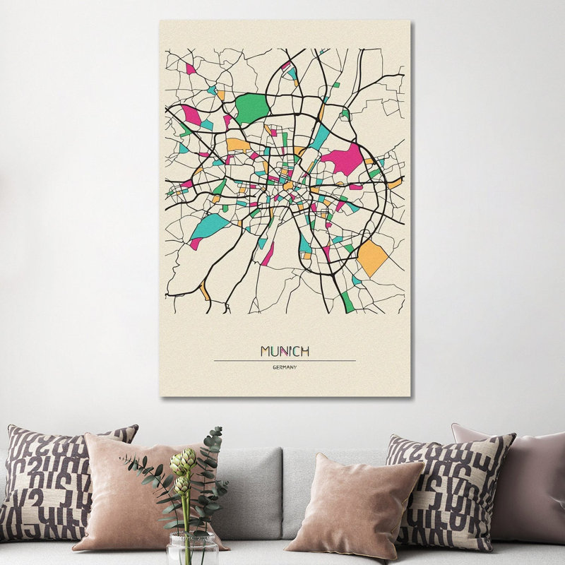 Carte de Munich, Allemagne par Ayse Deniz Akerman - Estampe numérique sur toile tendue avec châssis