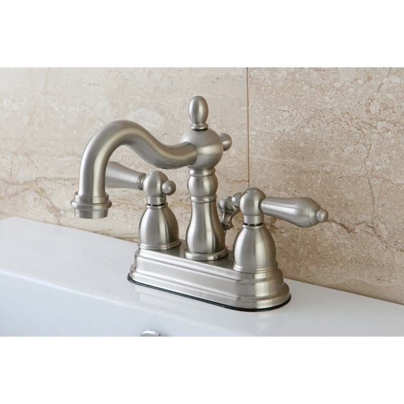 Kingston Brass Heritage Two-Handle 3-Hole Deck Mount 4" Centerset Bathroom Faucet with Plastic Pop-Up, Brushed Nickel