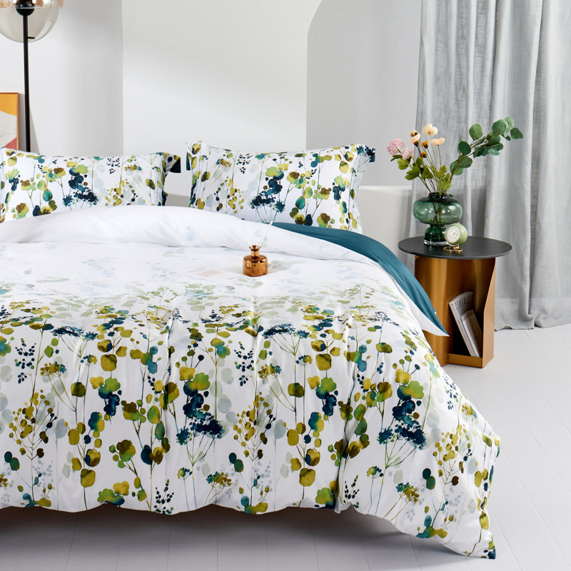 Lunaria Floral Duvet Cover Set – 100% Cotton, Green and Blue Botanical Print, Soft & Breathable Bedding, Queen