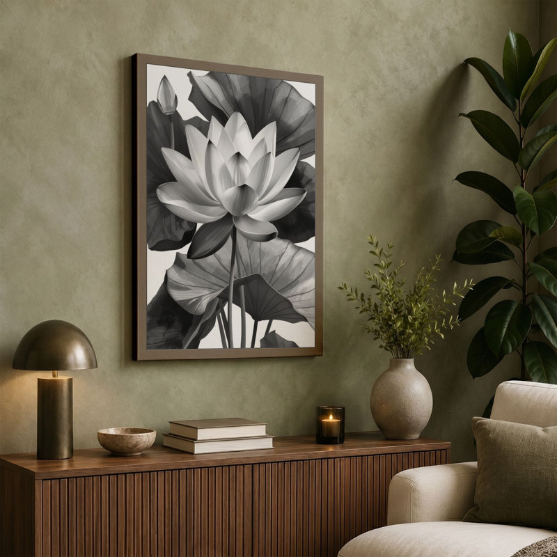 Lotus in Bloom Botanical - Wrapped Canvas, 36x24 - 91.4 x 61.0 cm, White Border