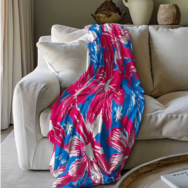 Ruby et fleurs de cobalt - couverture Sherpa de qualité supérieure 1 pièce, Grand lit