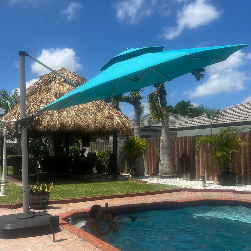 Parasol rond en porte-à-faux avec base à roulettes 156 po Refik, Bleu turquoise