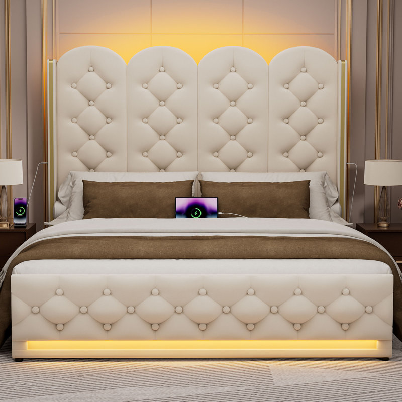 Lift Up Storage Bed,Tall Bed Frame,Upholstered Velvet Bed Frame with LED Lights and 58-Inch High Button-Tufted High Headboard,No Box Spring Needed,Noise-Free,Easy Assembly