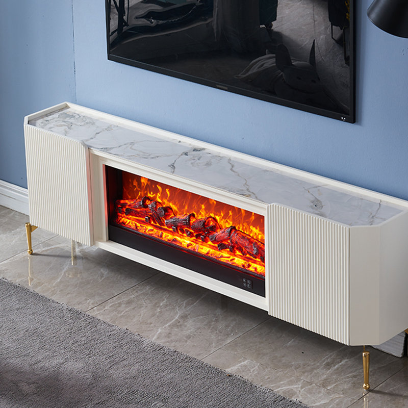 Beige Manufactured Wood TV Cabinet Fireplace, 23.62" H x 70.87" W x 12.99" D