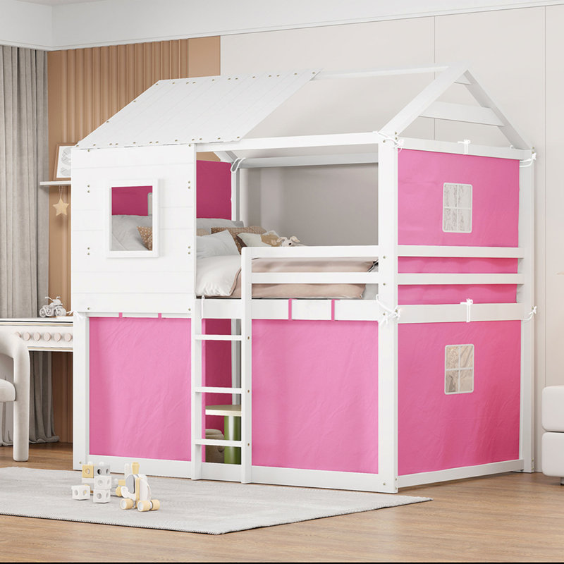 Lit double en bois avec tente, Rose