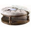 Table basse ronde en bois de style rustique avec finition gris antique, pieds tournés et tablette ouverte pour un rangement élégant
