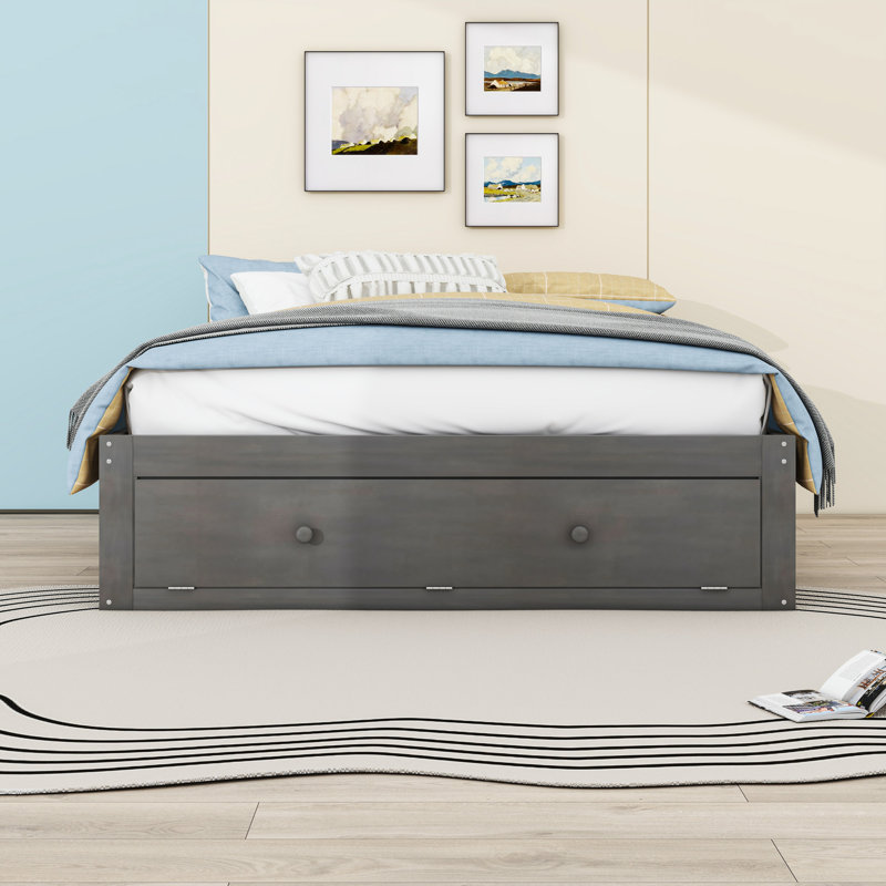 Grand lit plateforme en bois avec 4 tiroirs, Gris antique