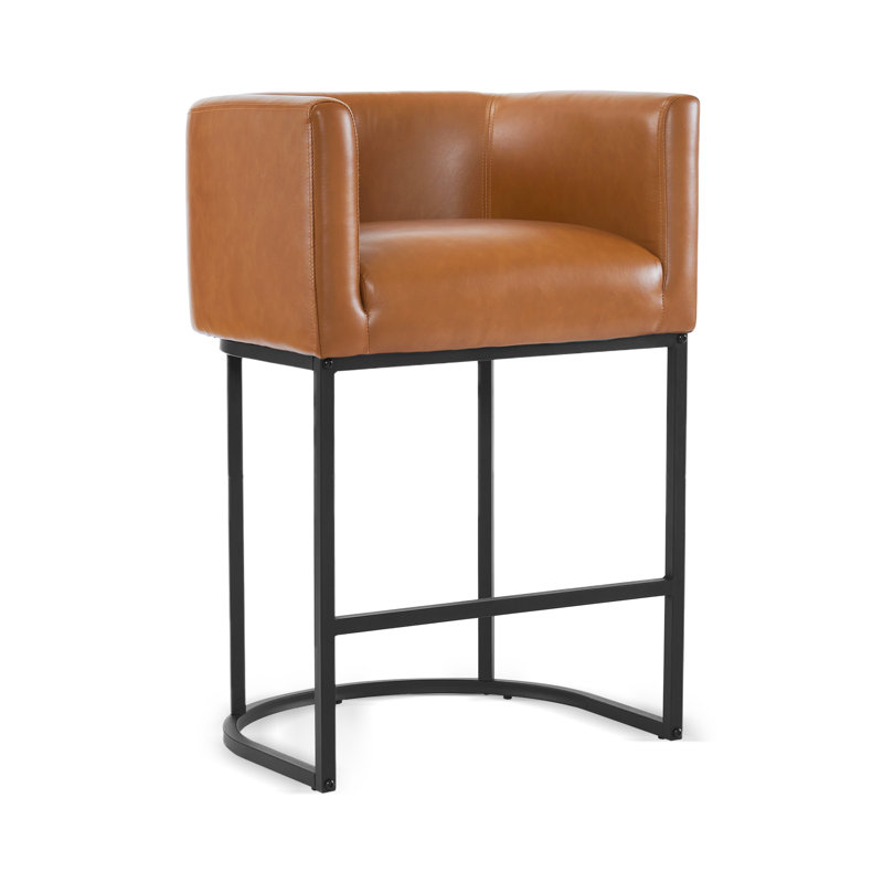 Tabouret de bar H 33,5 po Christlyn, Siège brun jaunâtre / cadre noir, Simili cuir