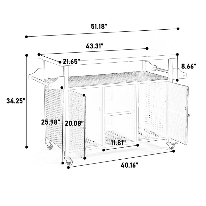 Grand chariot polyvalent avec table en acier inoxydable et unité de rangement, plan de travail gris