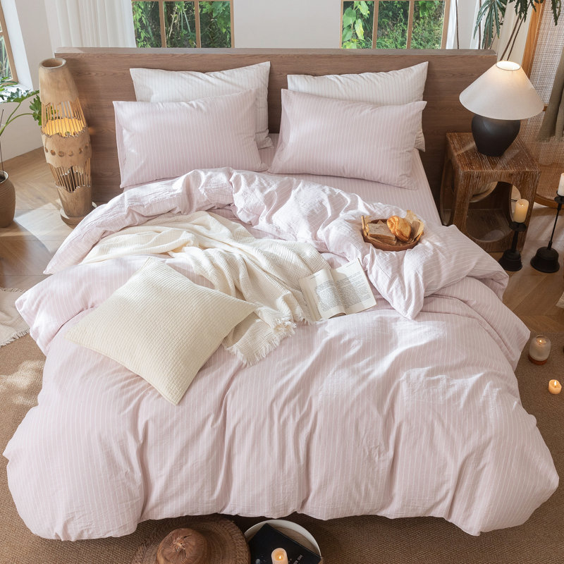 MooMee Striped Duvet Cover Set 100% Washed Cotton Linen Like Textured, Full Duvet Cover + 2 Standard Pillowcases