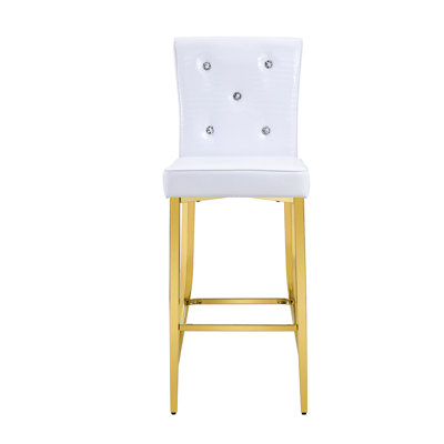 A set of 2 white and gold vintage crocodile leather bar chairs, featuring crystal clasp design and synthetic leather design, adding a touch of elegance and mystery to the dining area