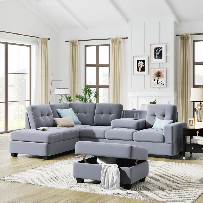 Canapé modulaire avec méridienne réversible, Velours gris antique