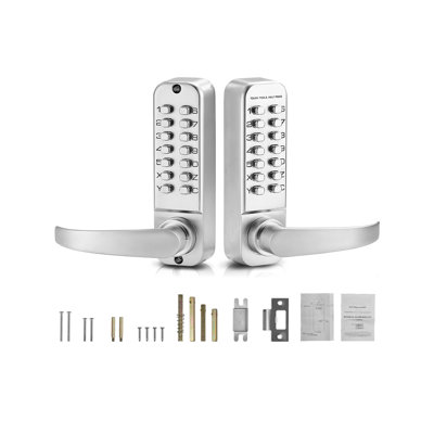 Mechanical Keyless Entry Door Lock, 14 Key Mechanical Door Lock, Mechanical Keypad Door Lock with Handle, Double-Sided Stainless Steel Waterproof Keyless Gate Lock, Sliver
