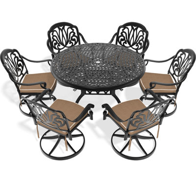 7 chaises de patio en fonte d'aluminium - 6 chaises pivotantes, table ronde de 48,03 po, sièges d'extérieur noirs polis, trempé