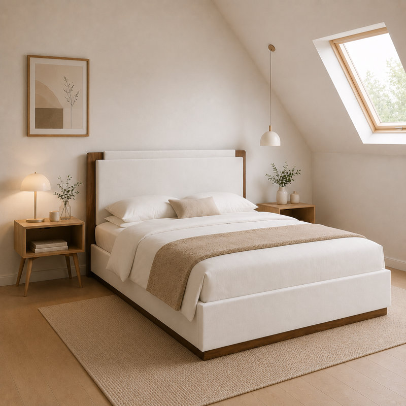 Lit plateforme tapissier contemporain avec rangement à gaz, Queen, Cream