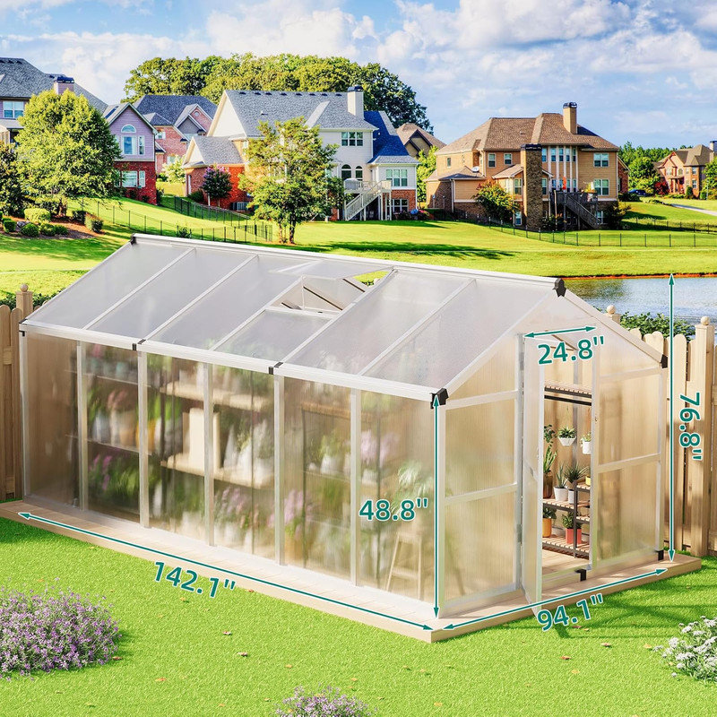 8 x 10/12FT Polycarbonate Walk-in Greenhouse with Roof Vent, Aluminum Frame Large Garden Greenhouse for Outdoors, Silver
