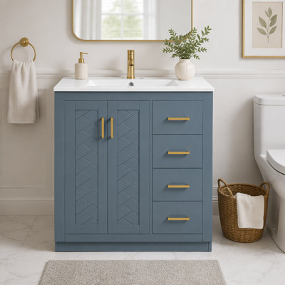 Ensemble de meuble-lavabo autoportant 30 po avec lavabo en céramique, armoire de rangement à cadre en bois massif, 3 tiroirs et charnières à fermeture douce, ensemble de meuble-lavabo de salle de bain