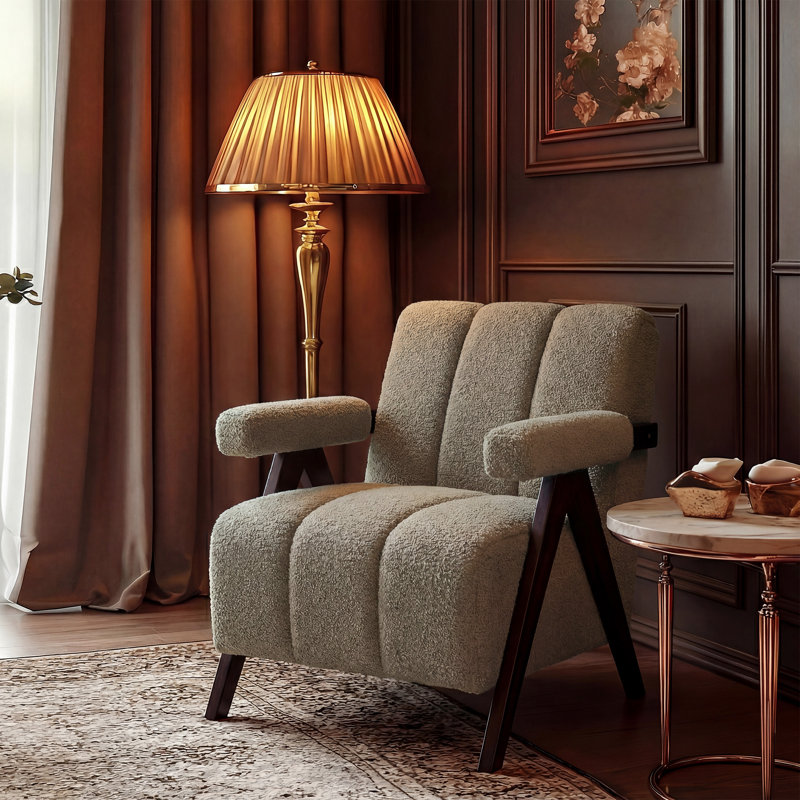 Fauteuil de style Mid-Century rembourré de 27,6 po de large avec pieds en bois massif, Mushroom Taupe Boucle
