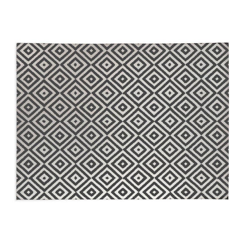 Tapis de cuisine léger antidérapant Ikat Grunge, Rectangulaire 3 pi x 5 pi, Ivoire/gris anthracite, Ikat Grunge