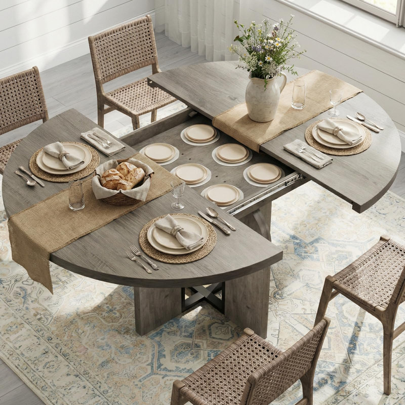 Table de salle à manger ronde extensible de 119 à 160 cm pour 4 à 8 personnes, style campagnard, en bois, avec pieds larges et structure métallique robuste. Forme ovale. Parfait pour les repas, la cuisine ou un appartement. Économie d'espace assuré.