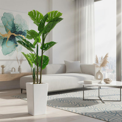 4.5FT Artificial Monstera Deliciosa Plant with Tall White Planter, Indoor Decorative Split Leaves Faux Swiss Cheese Fake Tropical Palm Tree for Home Office Room Store Garden Floor Decor