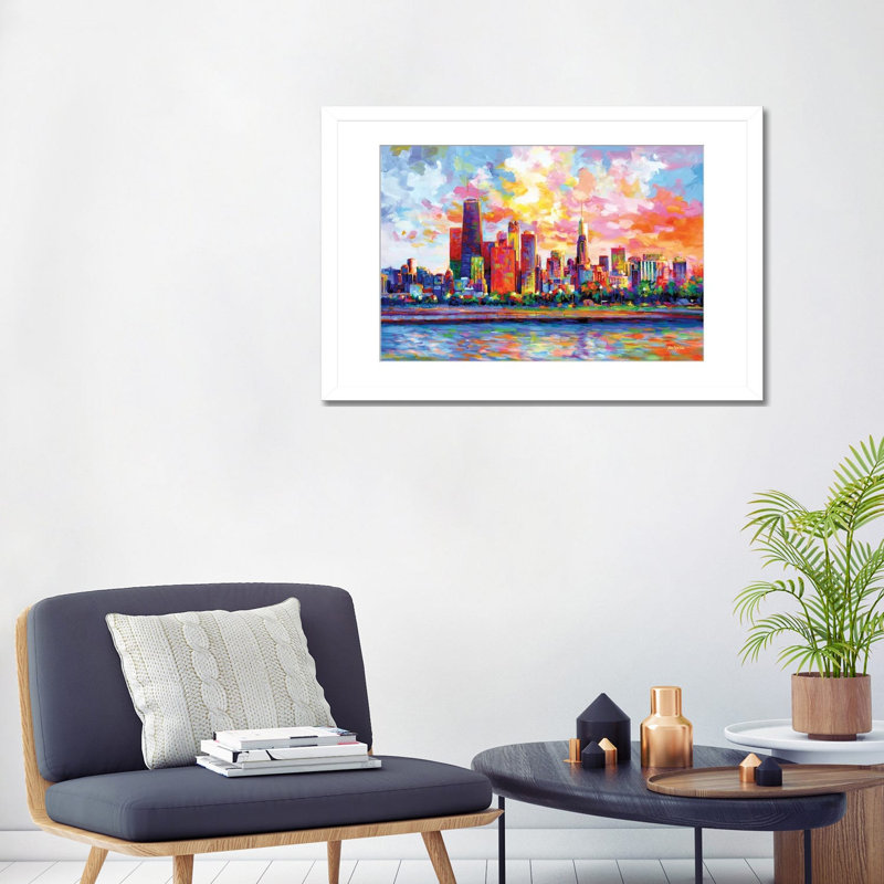 Chicago Skyline by Leon Devenice iCanvas, 24" H x 32" W x 1" D, White Open Corner Frame Paper
