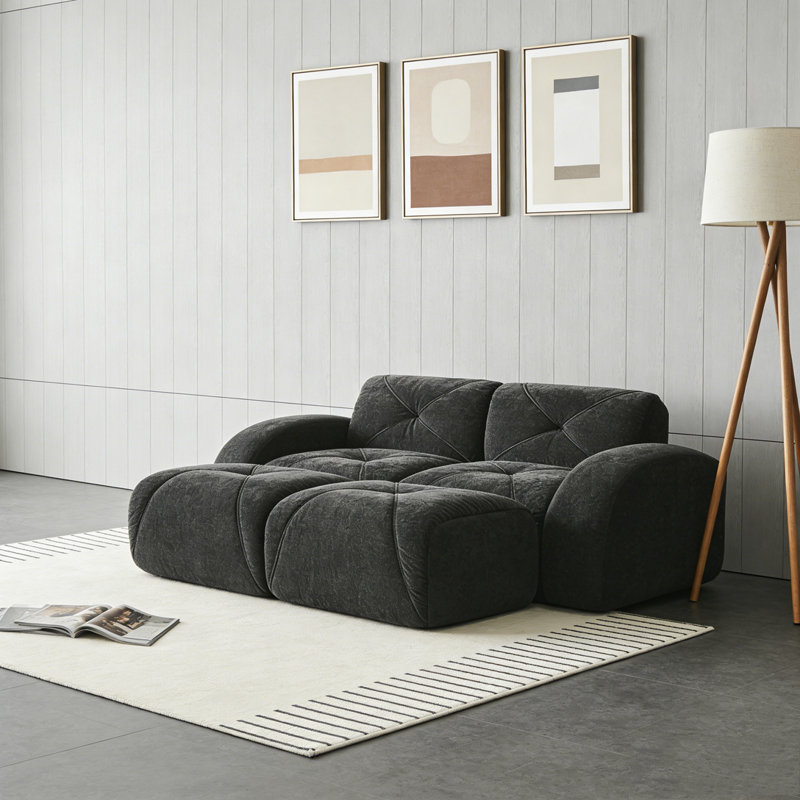 Velvet Fabric Sofa with Movable 2 Ottomans, Black