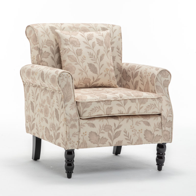 Vintage Floral Upholstered Armchair With Rolled Arms And Wooden Legs(Set Of 4), No, Oatmeal Leaf
