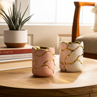 Ensemble de 2 contenants de rangement en céramique et en grès texturé à motif décoratif bohème ivoire, rose, or