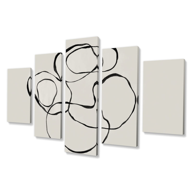 «Abstract Simple Brush Outline Curves - Abstract Shapes», art mural sur toile, ensemble de 5 impressions sur toile noires