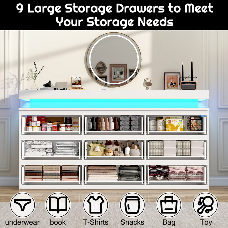 9-Drawer Modern Storage Dresser With Led Lighting, Wide Chest Of Drawers For Bedroom, Living Room & Entryway Organization