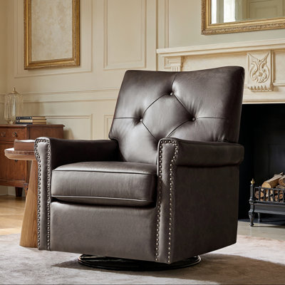 Stratton 31"W Transitional Genuine Leather Swivel Rocker Chair with Tufted Back and Nailhead Trim