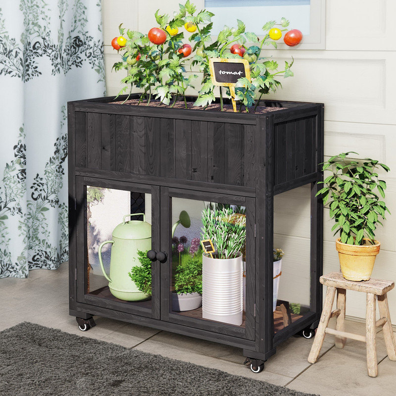 Mini Wood Cold Frame Garden Greenhouse with 2 Doors and Wheels, Black