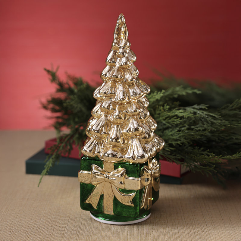 Sapin de Noël rotatif à DEL sur présentoir de table, Or sur vert avec ruban doré