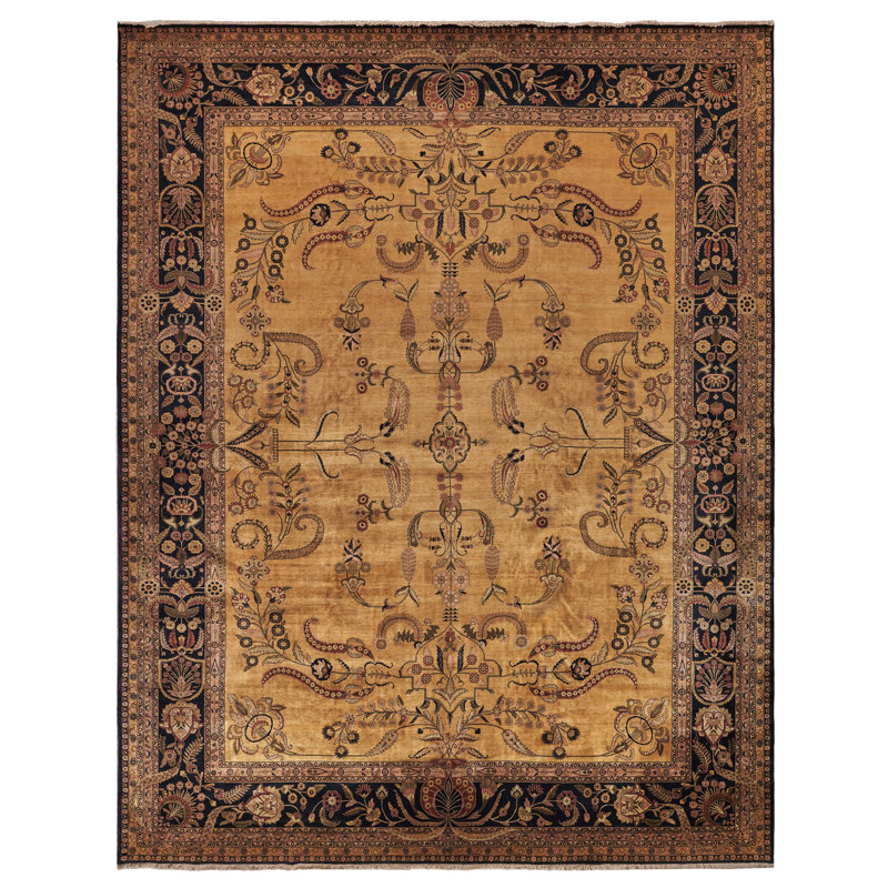 Antique Black and Beige Floral Wool Area Rug 14' x 18'1"
