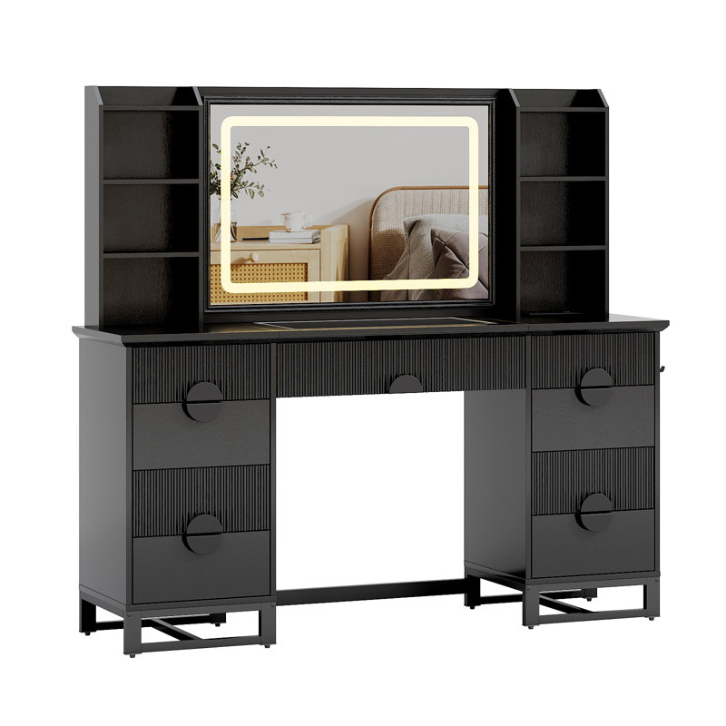  Meuble-lavabo cannelé 60 po avec grand miroir éclairé de 32 po, meuble-lavabo en bois avec lumières et plateau en verre, station de charge, noir