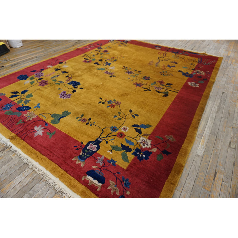 1920s Wool Room Size Chinese - Art Deco Yellow Rectangle Knotted Antique Rug
