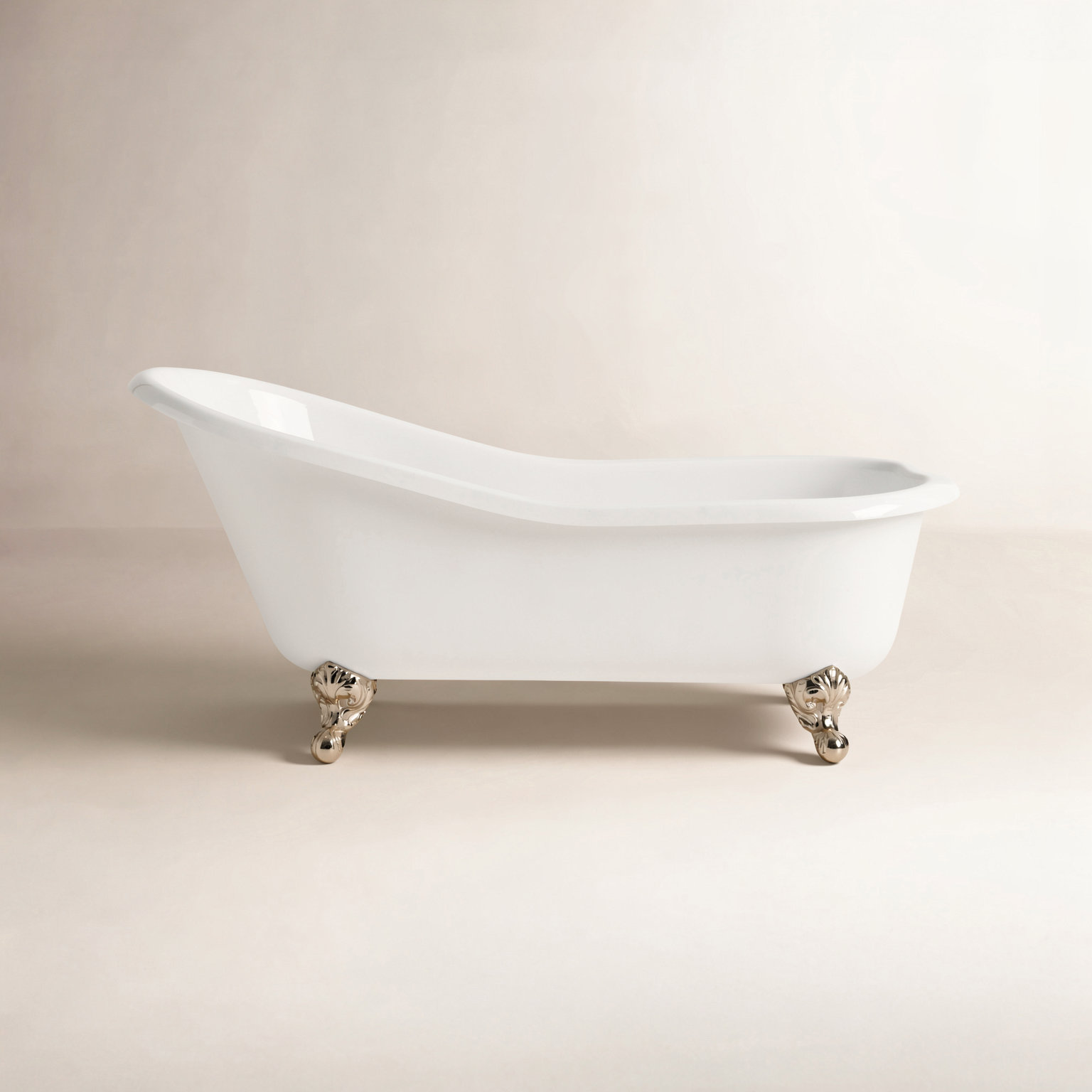 68" Freestanding Soaking Cast Iron Bathtub, Polished Nickel, White Interior with White Exterior
