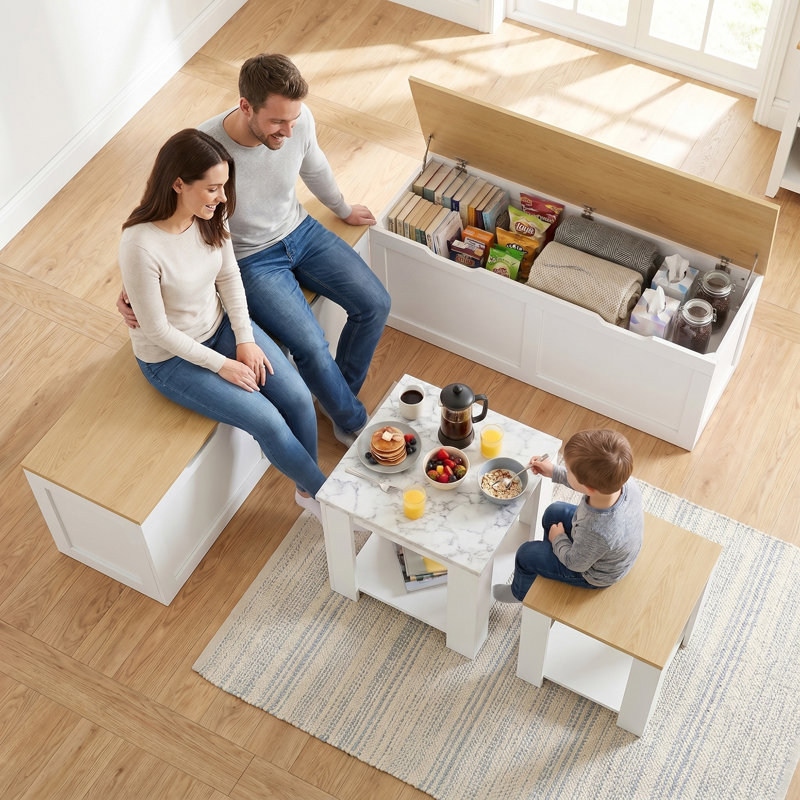 Banc de rangement en L de 63 po, banc de coin-repas avec rangement caché, banc de coin en bois, ensemble de table de coin-repas pour vestibule, salle à manger, cuisine (chêne et blanc)