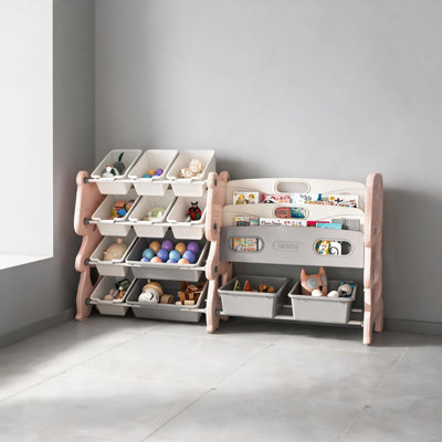 Organisateur de rangement de jouets pour enfants 56,1 pouces, bibliothèque à 2 niveaux en polyéthylène ton rose pour salle de jeux et chambre à coucher
