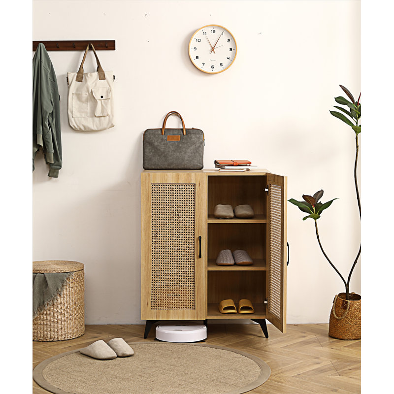 Natural Rattan Storage Cabinet Double-Door Shoe Cabinet With Large Storage Space And Durable Structure 29.5Inch