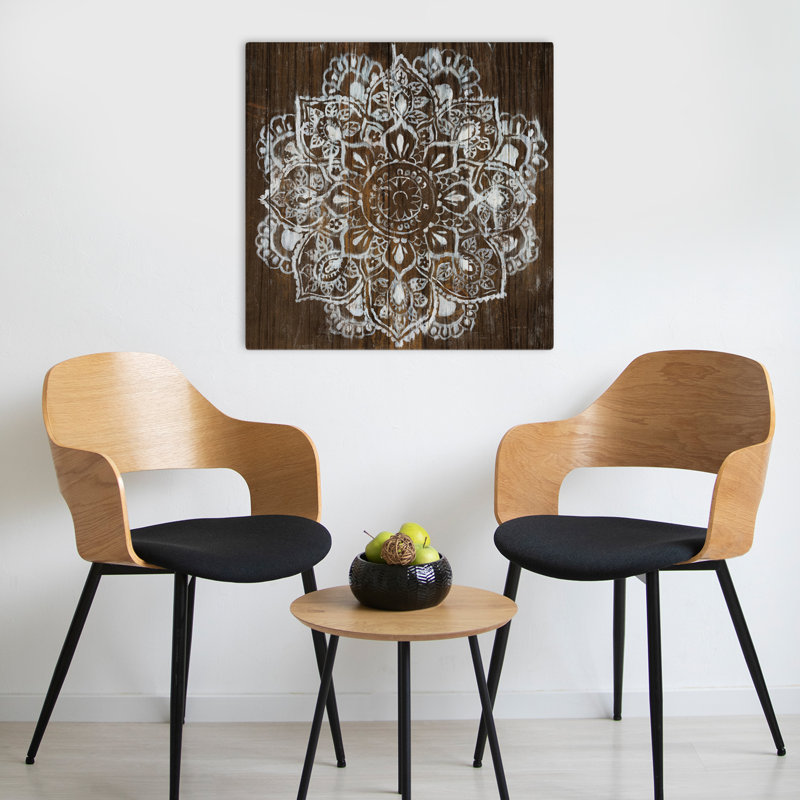 Mandala sur bois foncé, art floral bohémien, H 24 po x l 24 po