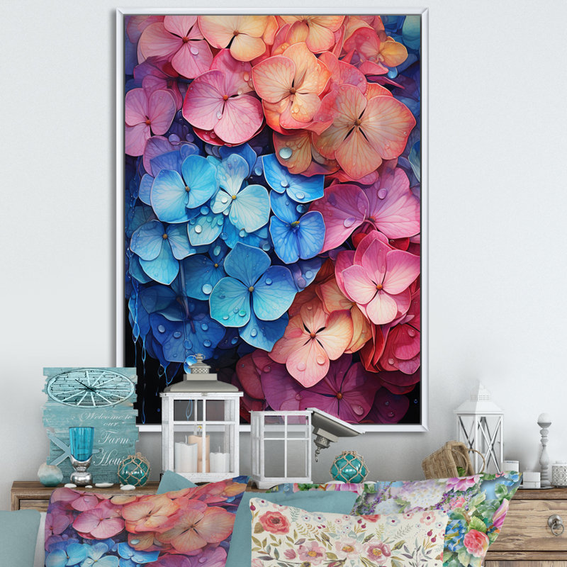 Hydrangées bleues et roses - Pétales surréels, H 40 po x l 30 po x P 1,5 po, Cadre flottant blanc