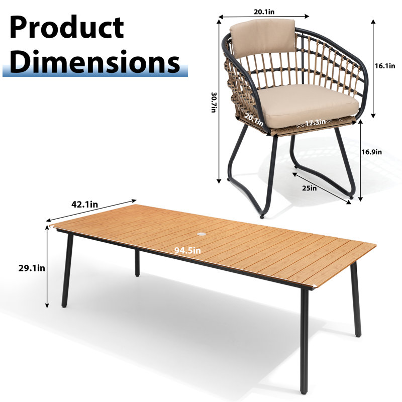 Ensemble repas pour 8 personnes en métal avec coussins amovibles et trou pour parasol, Beige Cushion/Brown Table Top